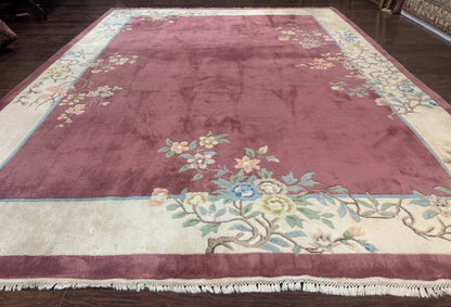 Indo Chinese Art Deco Rug 9x12, Pink and Ivory, Open Filed, Floral, Wool