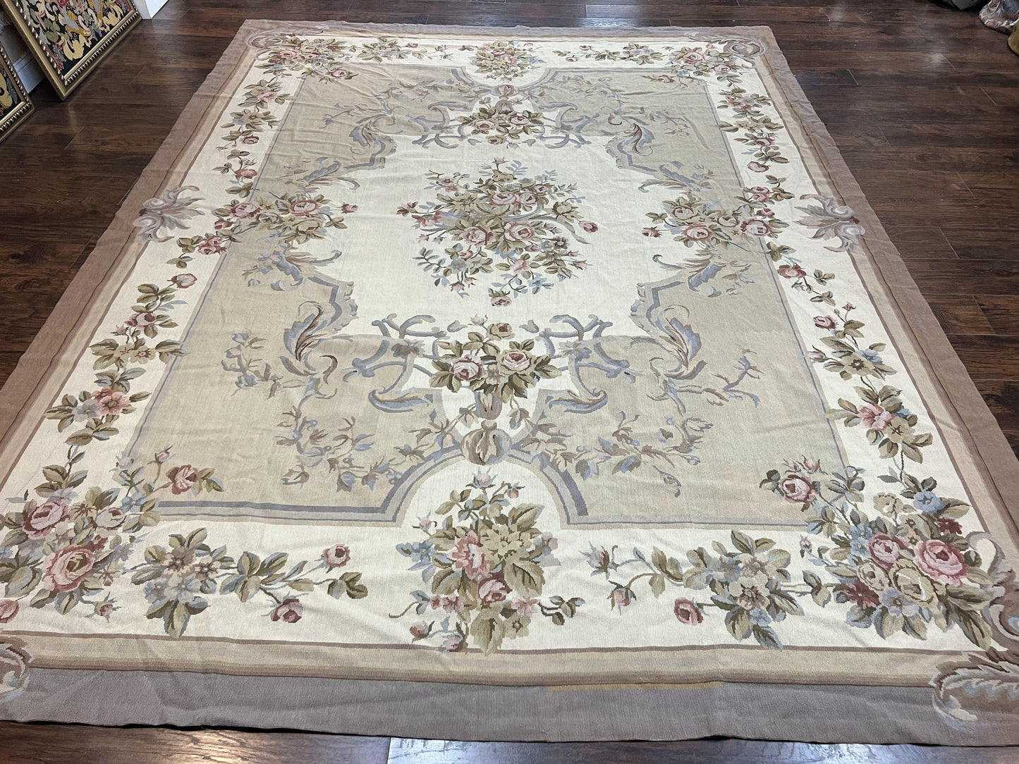 Aubusson Needlepoint Rug 9x12 Vintage Handmade Wool Beige Floral Roses European Elegant