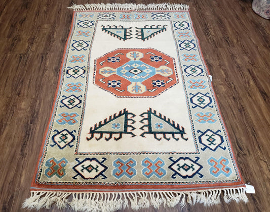 Vintage Turkish Rug 4x6 Hand Knotted Caucasian Design Boho Home Decor