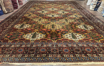 Persian Bakhtiari Rug Antique 12x19 Hand Knotted Wool Panel Design Peacocks Multicolor