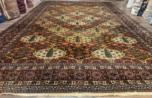 Persian Bakhtiari Rug Antique 12x19 Hand Knotted Wool Panel Design Peacocks Multicolor