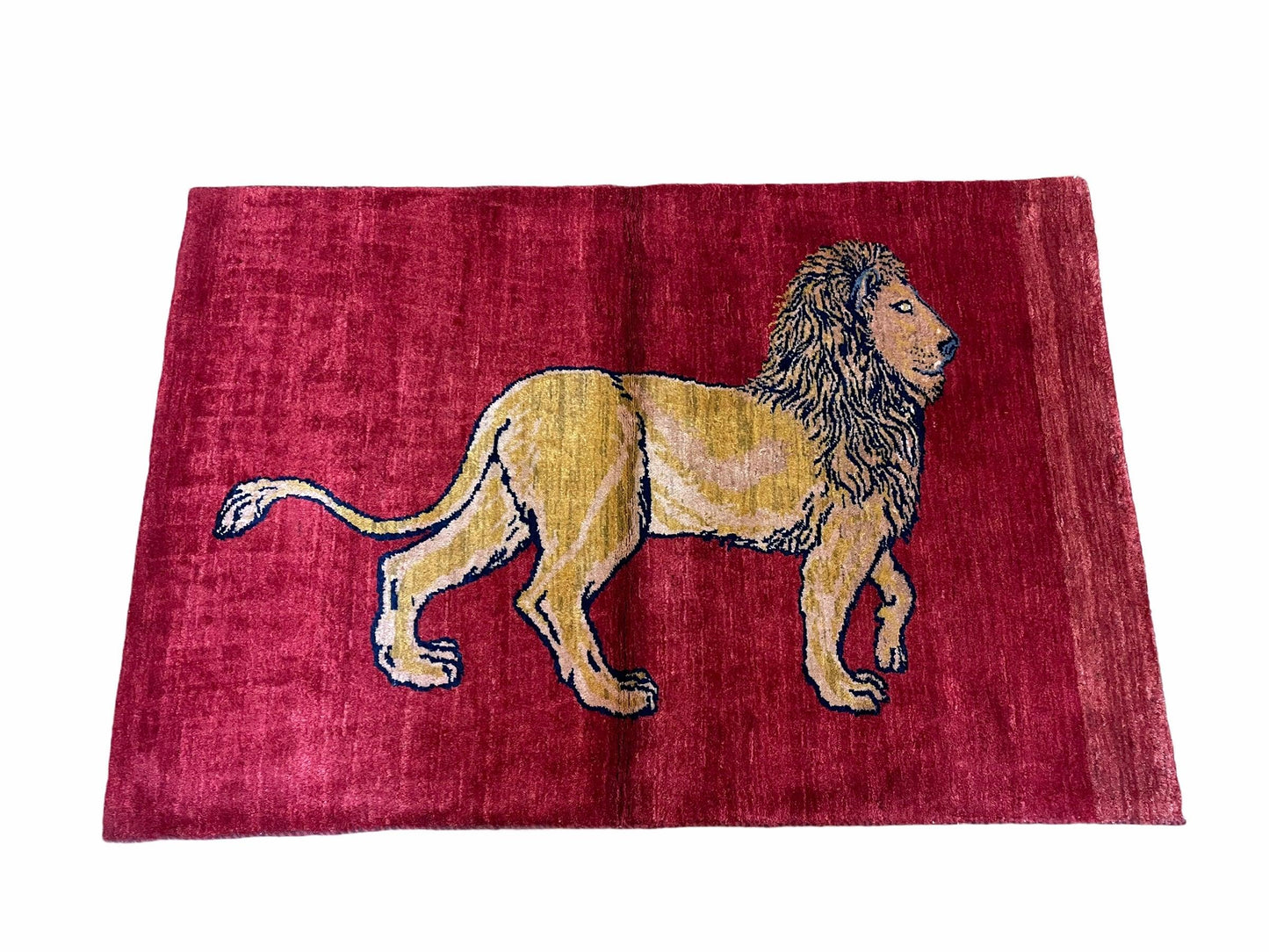 Handmade Wool Rug 3x5 Hand Knotted Pictorial Lion Rug With Red Organic Dyes