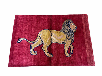 Handmade Wool Rug 3x5 Hand Knotted Pictorial Lion Rug With Red Organic Dyes