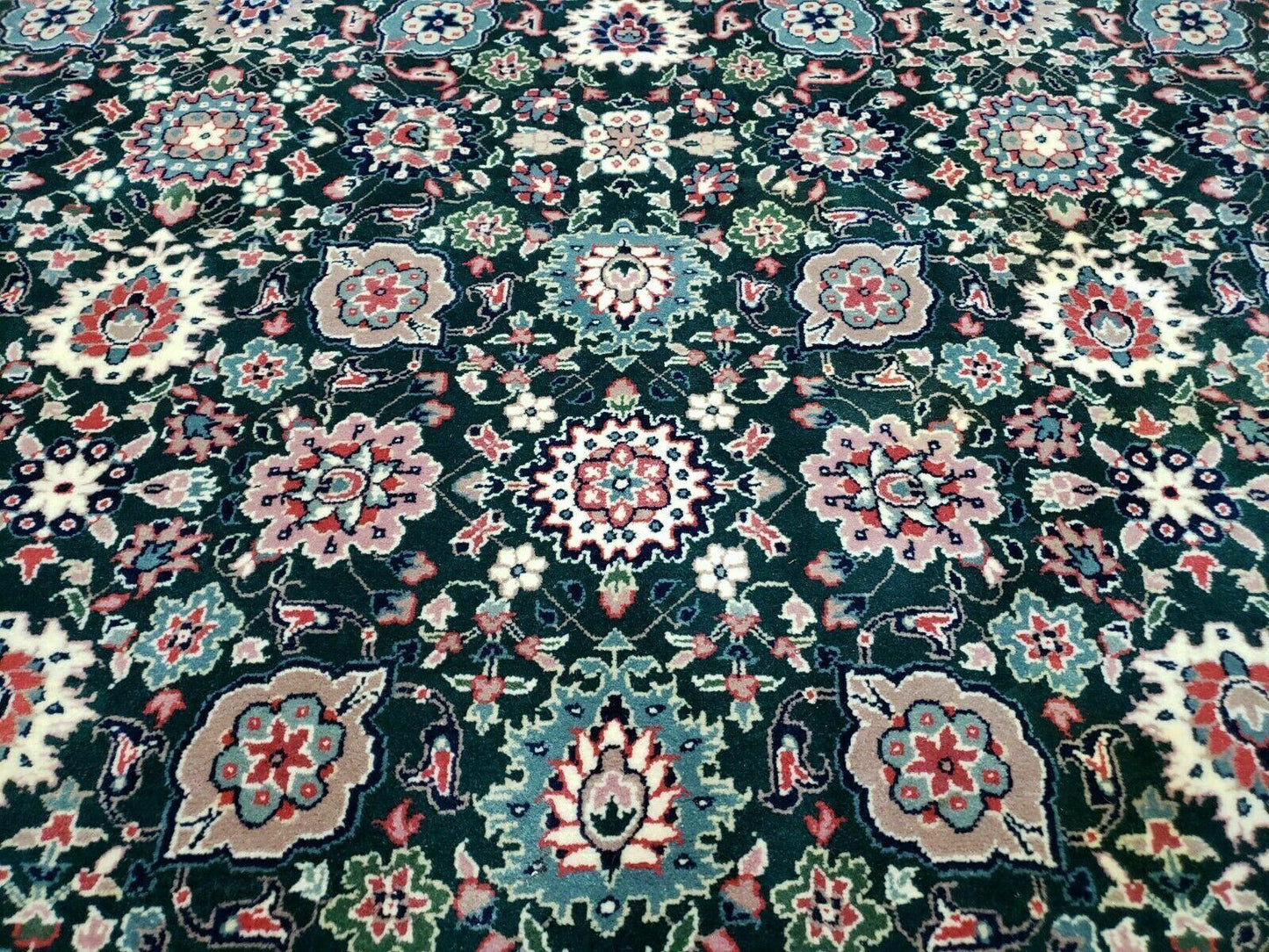 Handmade Indian Wool Rug 8x10 Vintage 1980s Oriental Floral Forest Green Organic Dye