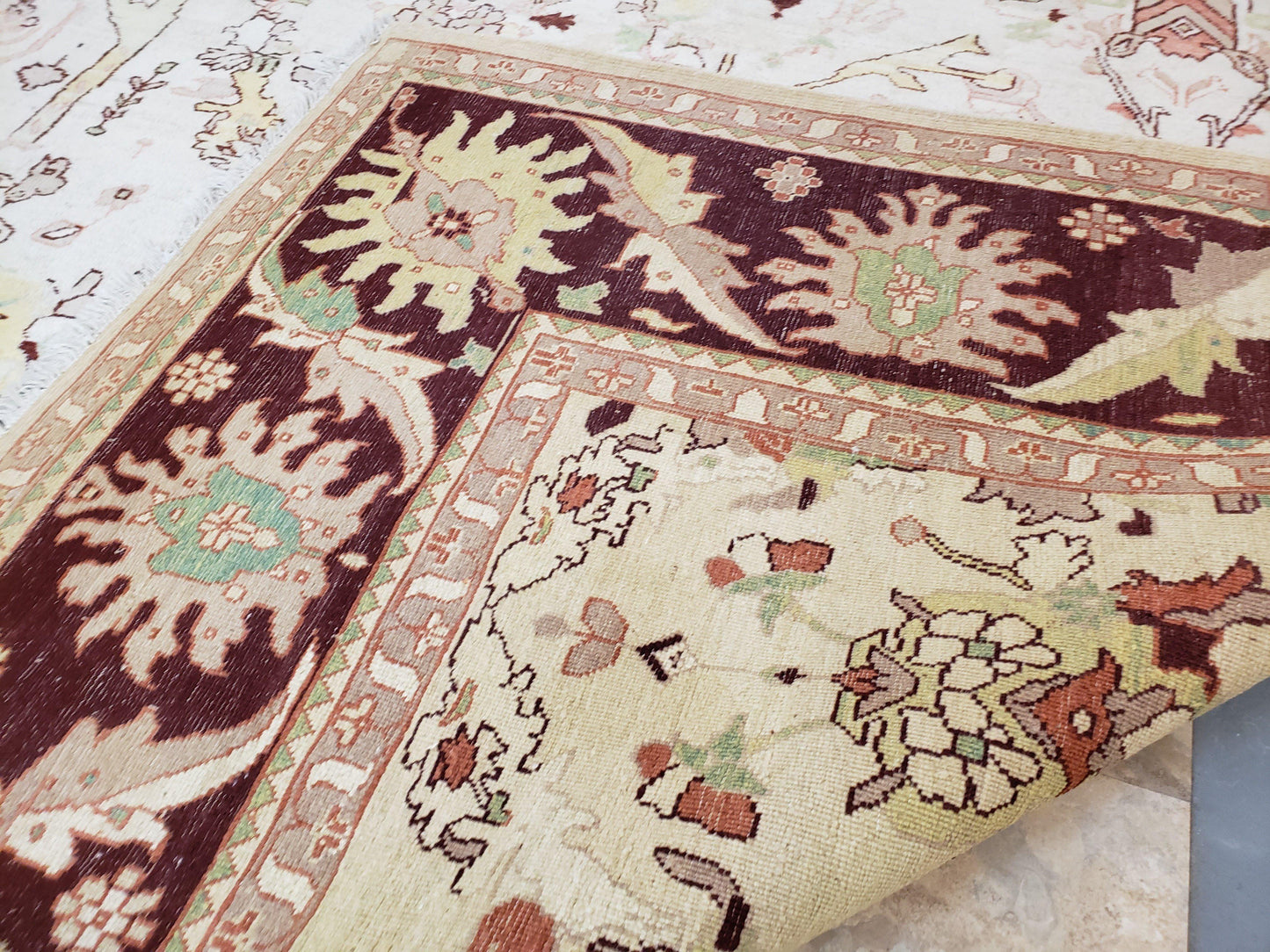 Beige and Maroon Peshawar Rug 10x15, Large Oushak Carpet, Pakistani Rug, Handmade Area Rug, Hand Knotted Rug, Living Room Rug, Nice Wool Rug