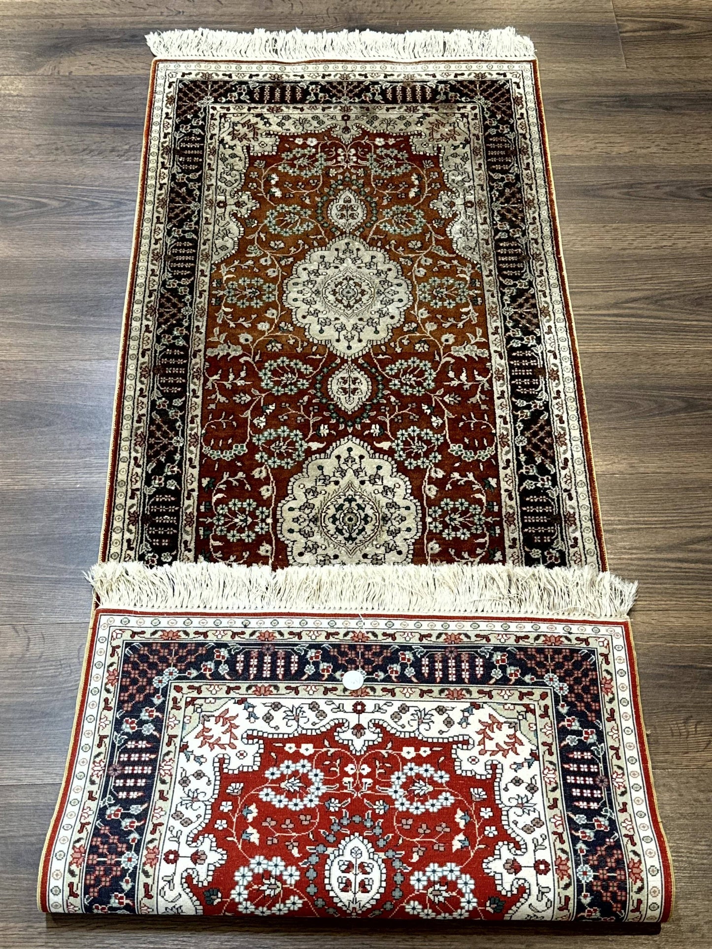Turkish Silk Narrow Runner Rug 2 x 5.8, Very Fine 340 KPSI, Floral Medallions, Red
