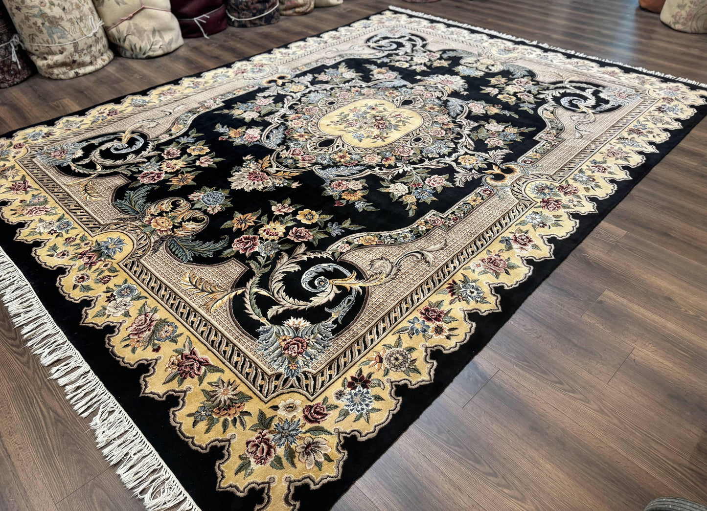 Aubusson Rug 9x12 Black And Beige Floral Elegant Handmade Carpet