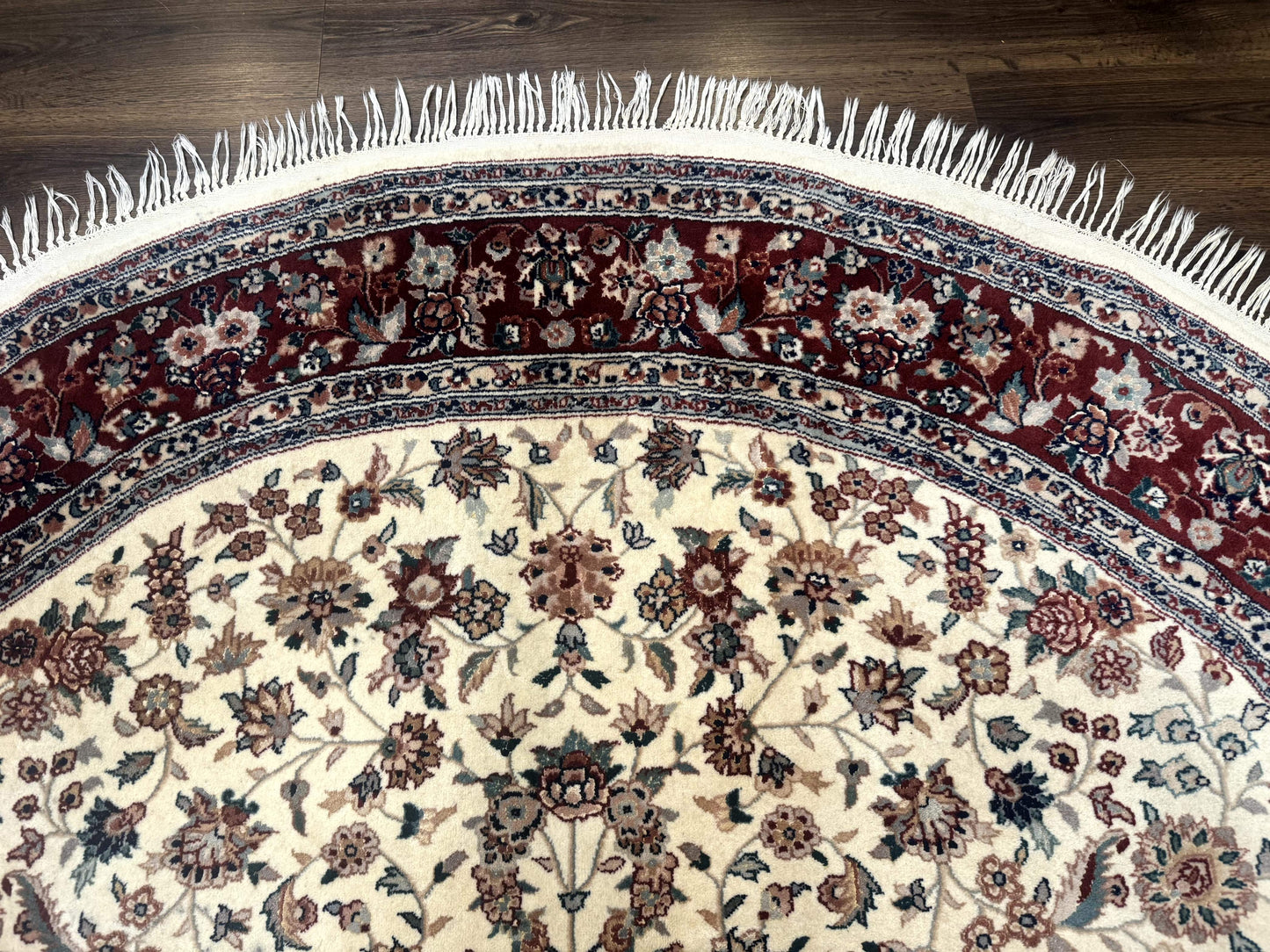 Sino Persian Round Rug 8x8 Wool And Silk Floral Medallion Ivory Red