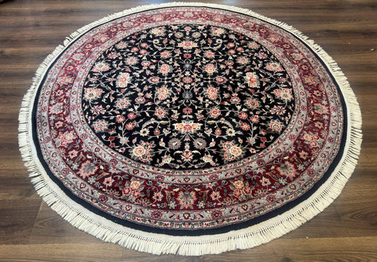 Round Sino Persian Rug 6x6 Floral Navy Blue Red Wool Silk Highlights