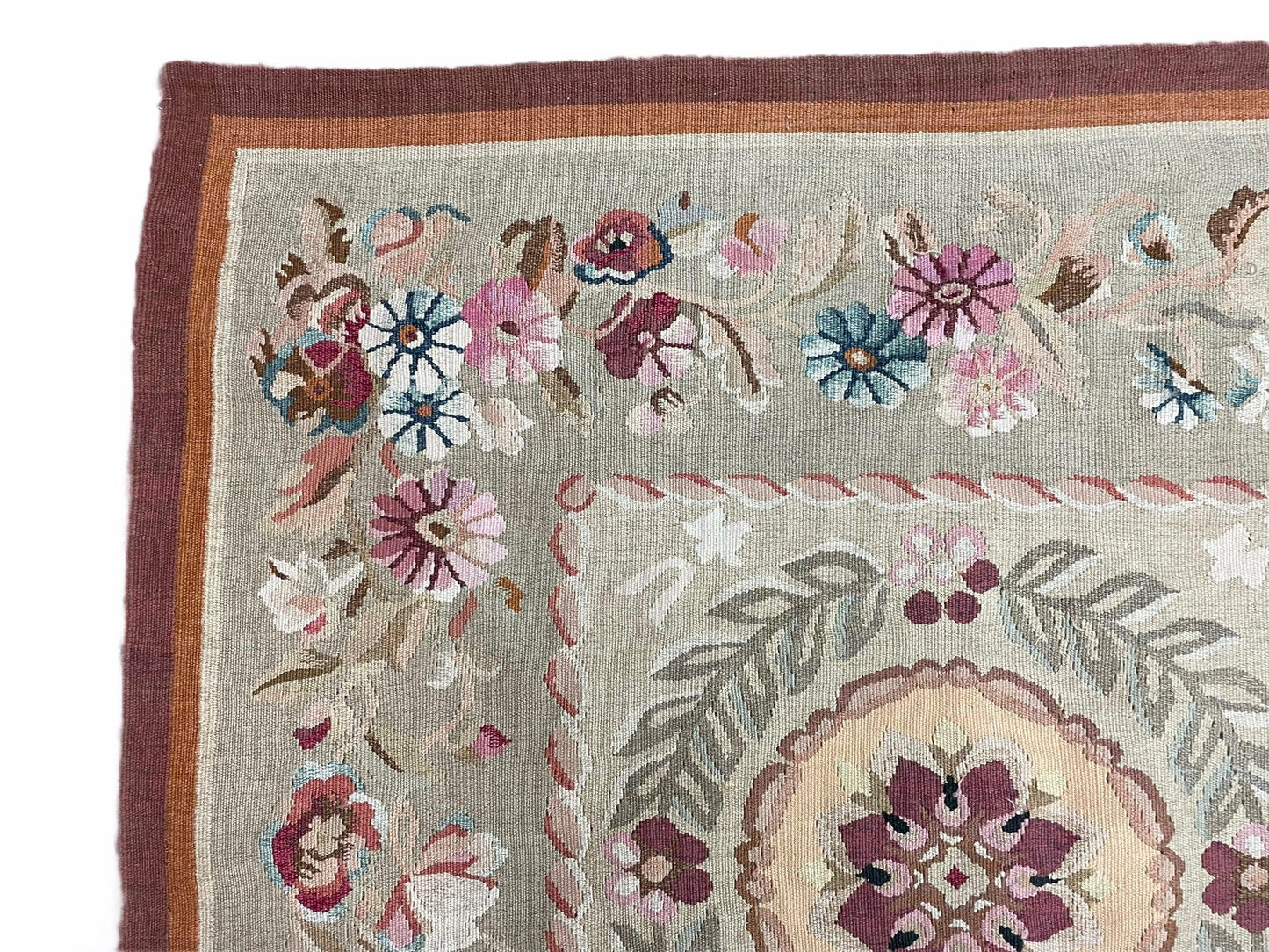 Needlepoint Carpet 9x13 Hand Knotted Beige Floral French European Style