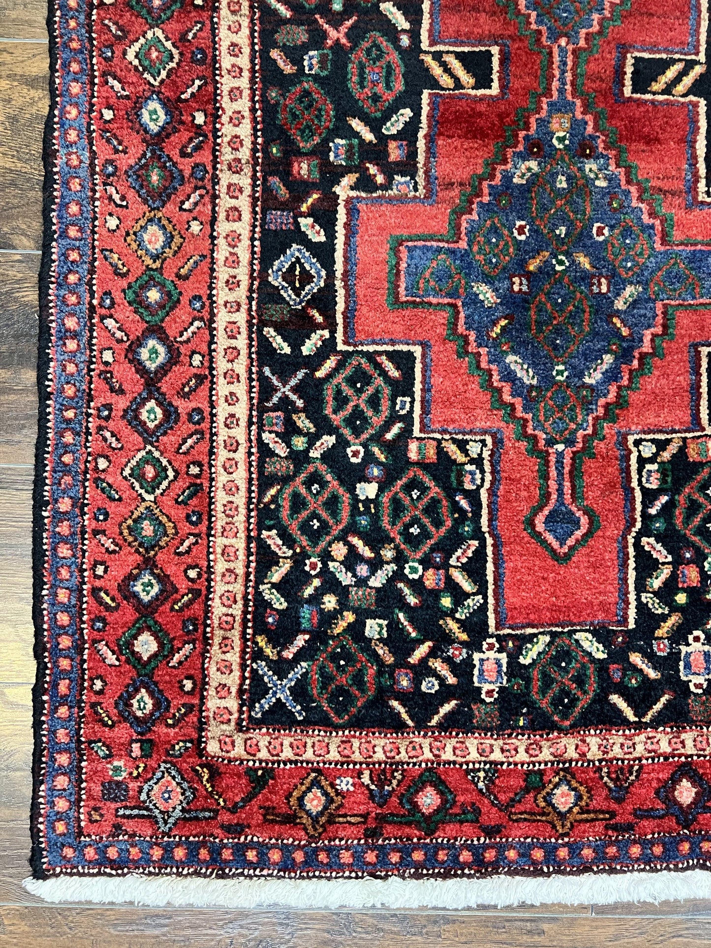 Senneh Runner Rug Persian Kurdish Handmade Wool 3x9 9ft Medallion Red Navy Blue Hallway Kitchen