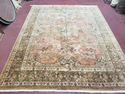 Indo Persian Rug 8x10, Vintage Indian Rug 8 x 10, Fine Hand-Knotted Wool Rug, Rose Clay Red Beige Brown Handmade Area Rug, Floral Medallion