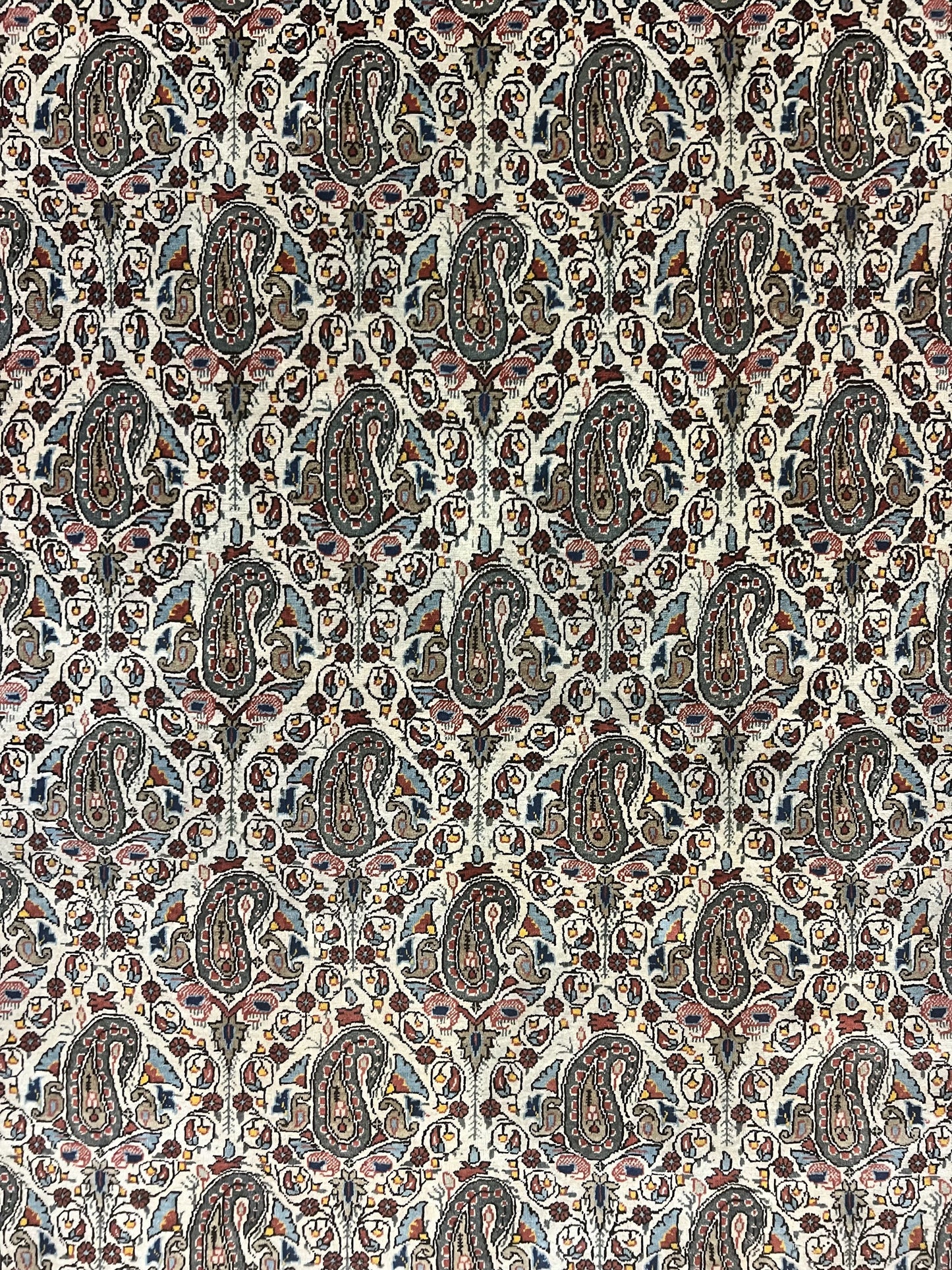 Persian Qum Rug 5x6 Cream Wool Hand Knotted Carpet With Repeated Boteh Paisley Design Semi Antique Vintage