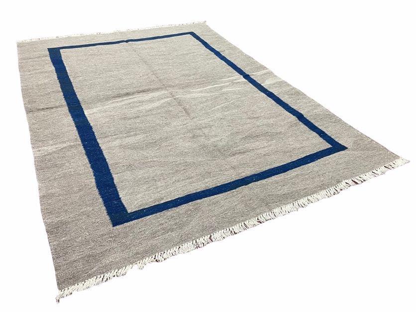 Turkish Kilim Rug Geometric Wool Handcrafted 5 Feet 7 Inches By 7 Feet 9 Inches Gray Blue