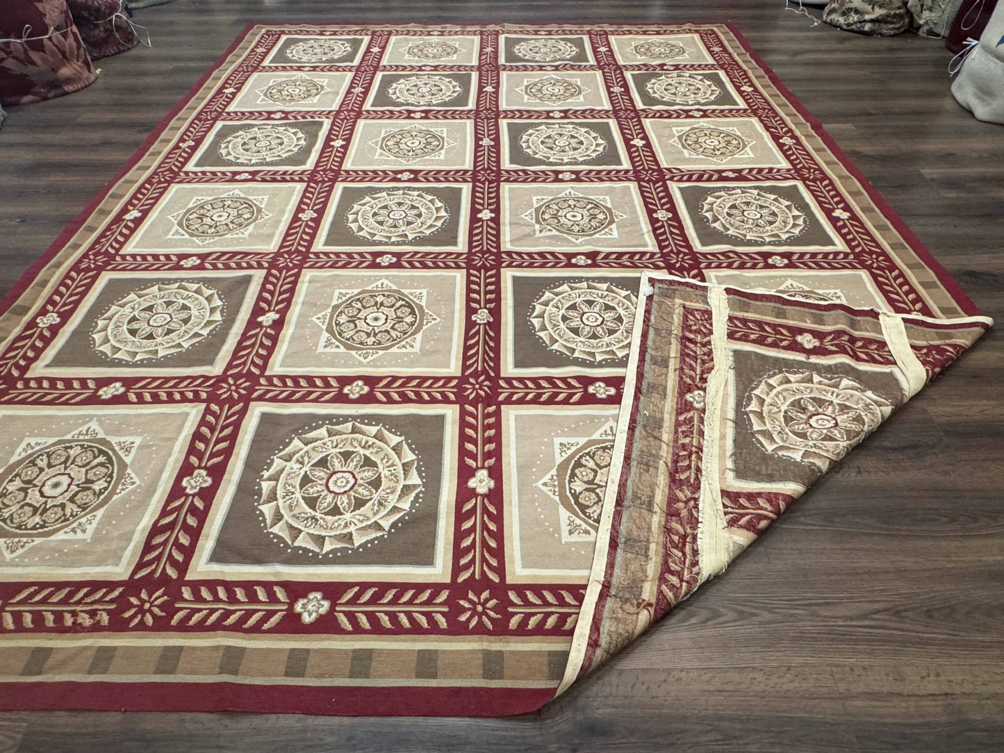 Needlepoint Rug 9x12, Panel Design, Burgundy Taupe, Elegant