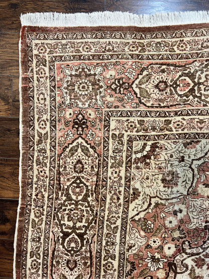 Antique Persian Tabriz Rug 10x12 Hand Knotted Wool Carpet Floral Medallion Beige and Light Red