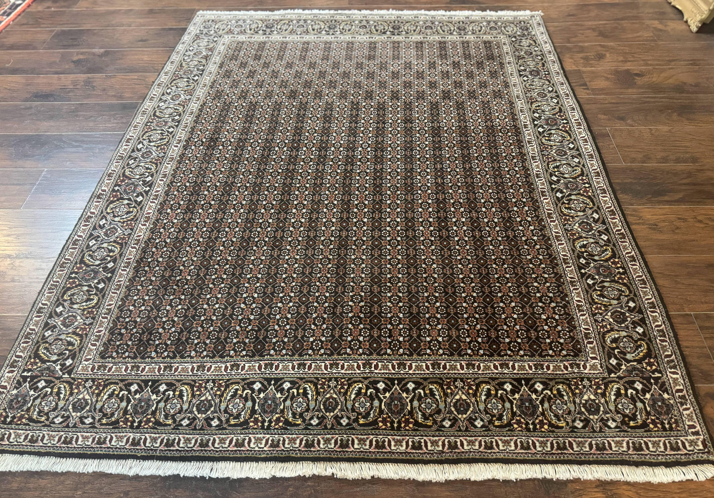 Persian Tabriz Rug 5x7 Black Allover Pattern Handknotted Wool
