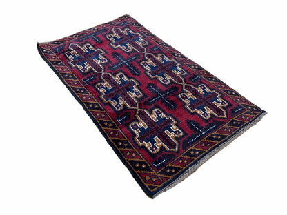 Balouchi Rug Vintage Handmade Tribal Wool Afghan Rug 2 Ft 7 In By 4 Ft 6 In Red Blue