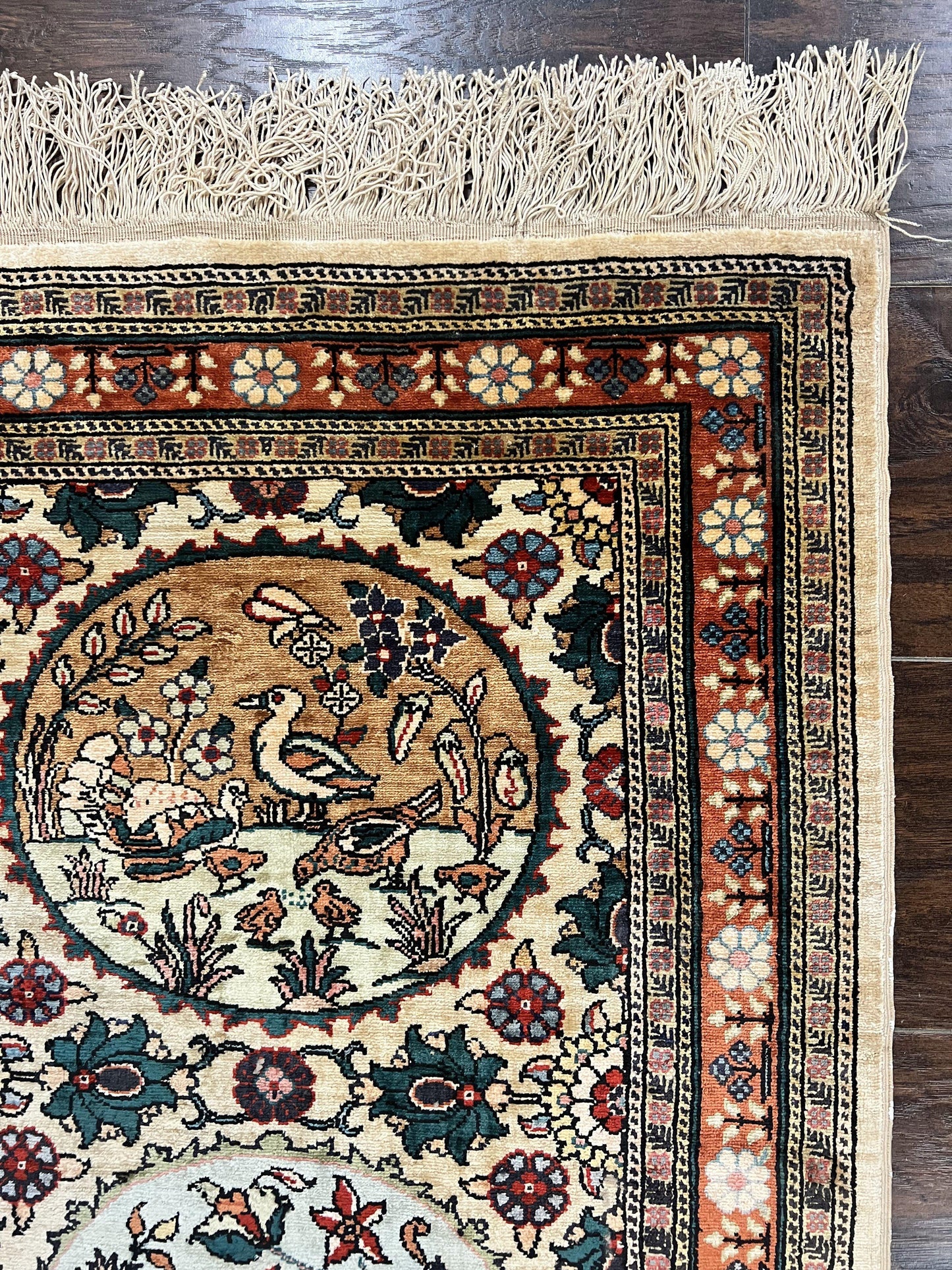 Silk Turkish Rug 2x4, Fine Handmade Oriental Rug, Animal Pictorial Birds Silk Pile on Silk Foundation Vintage Hand Knotted Hereke Carpet