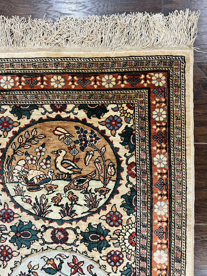 Silk Turkish Rug 2x4, Fine Handmade Oriental Rug, Animal Pictorial Birds Silk Pile on Silk Foundation Vintage Hand Knotted Hereke Carpet