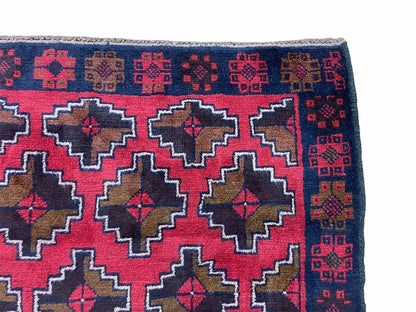 Balouchi Rug Vintage Handmade Afghan Wool Rug 3 By 4 Ft 7 In Red Brown Tribal Design