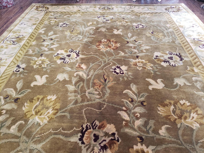 Premium Tibetan Wool Rug 8x10 Hand Knotted Green Beige Floral Area Rug