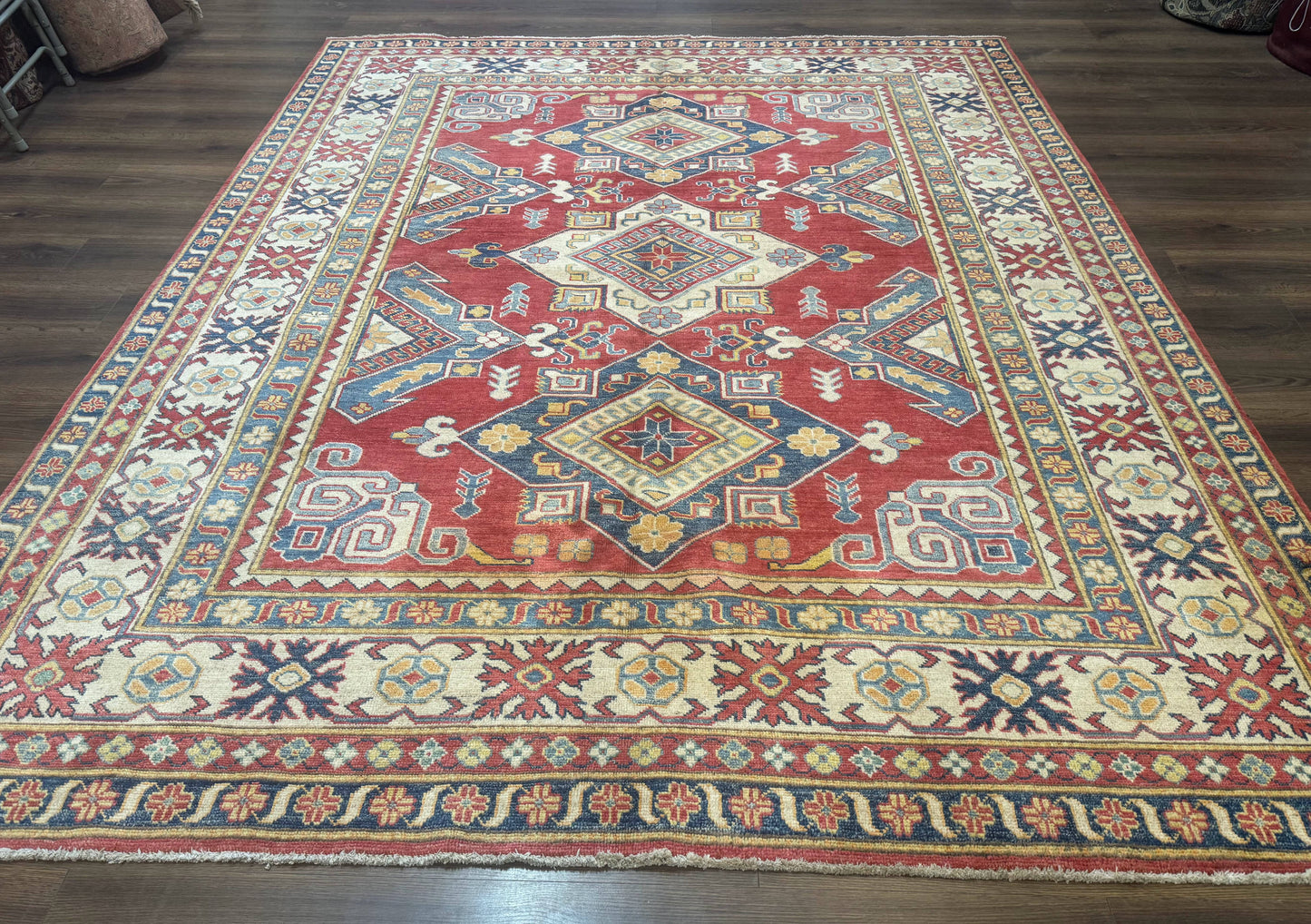 Turkish Kazak Rug 7.6 x 9.5 Hand Knotted Wool Caucasian Geometric Medallions