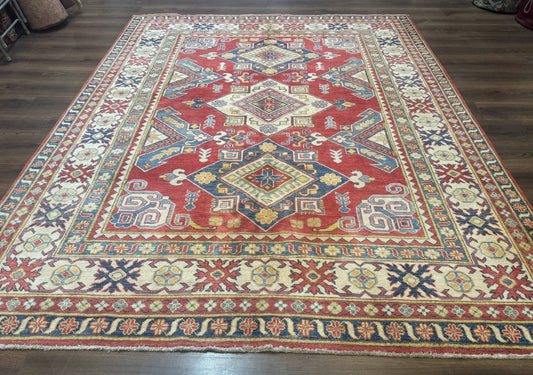 Turkish Kazak Rug 7.6 x 9.5 Hand Knotted Wool Caucasian Geometric Medallions