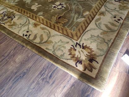 Premium Tibetan Wool Rug 8x10 Hand Knotted Green Beige Floral Area Rug
