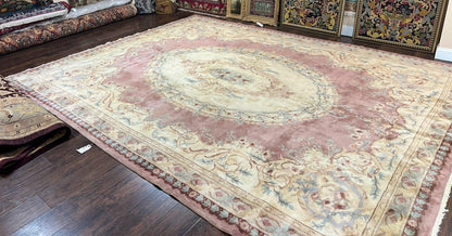 Indo Chinese Aubusson Wool Rug 10x14, Pink and Cream, Handmade Vintage Wool Carpet, Elegant European Design