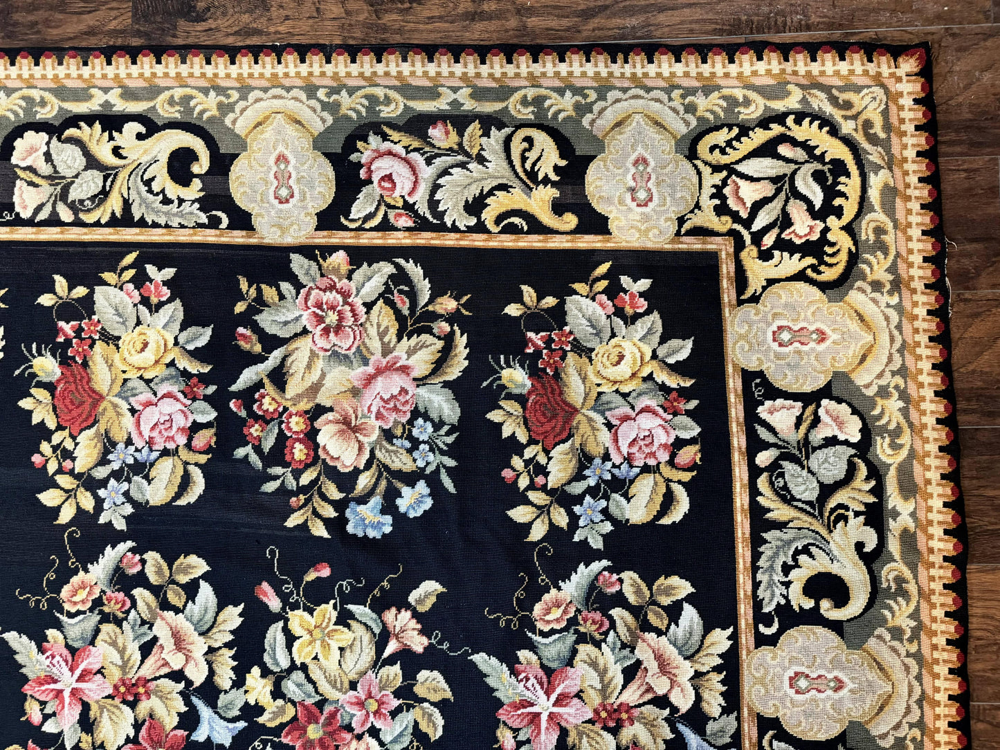 Palace Size Needlepoint Rug 12x16 Handmade Wool Floral Panel Black and Colorful