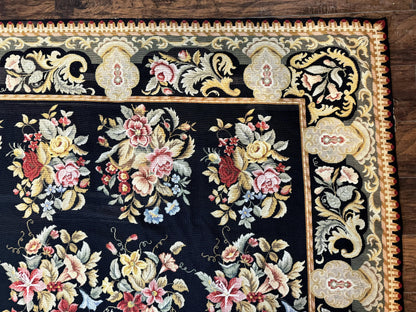 Palace Size Needlepoint Rug 12x16 Handmade Wool Floral Panel Black and Colorful