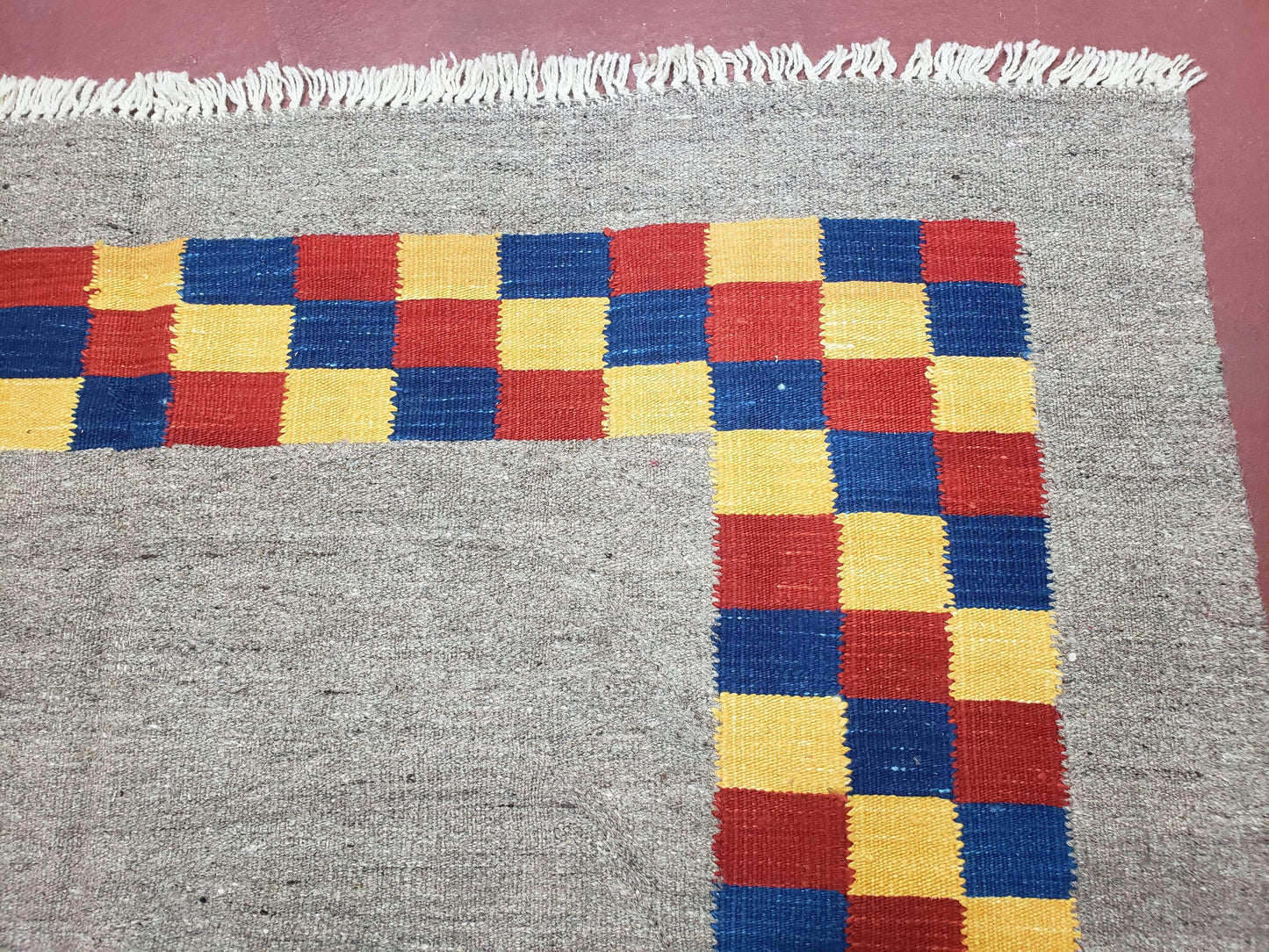 Turkish Kilim Rug Hand Knotted Wool Area Rug 5 Ft 6 In By 8 Ft Gray With Colorful Checker Border