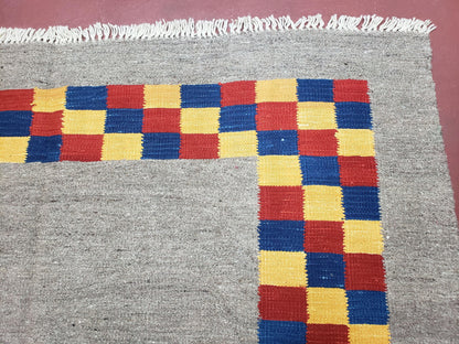 Turkish Kilim Rug Hand Knotted Wool Area Rug 5 Ft 6 In By 8 Ft Gray With Colorful Checker Border