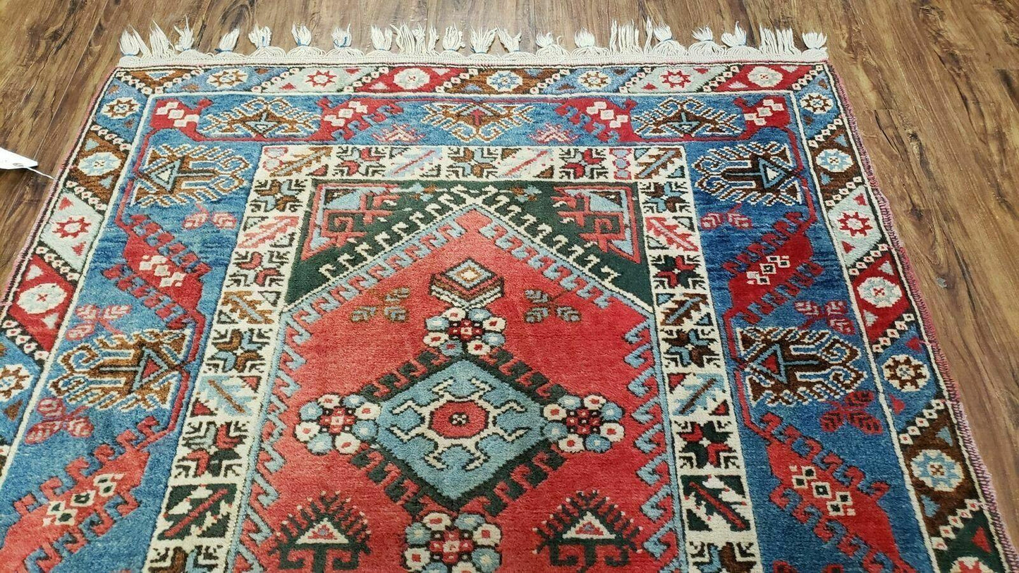 Handmade Turkish Shirvan Kazak Wool Rug 4x6 Colorful Vintage Style
