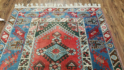 Handmade Turkish Shirvan Kazak Wool Rug 4x6 Colorful Vintage Style