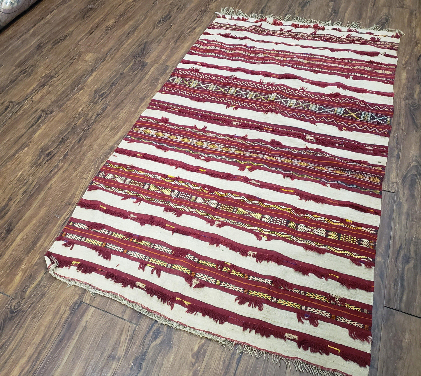 Turkoman Yamud Rug Antique 1920s Hand Knotted 3x5 ft Sofreh Table Cover Tribal Bohemian Ivory and Red