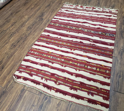 Turkoman Yamud Rug Antique 1920s Hand Knotted 3x5 ft Sofreh Table Cover Tribal Bohemian Ivory and Red