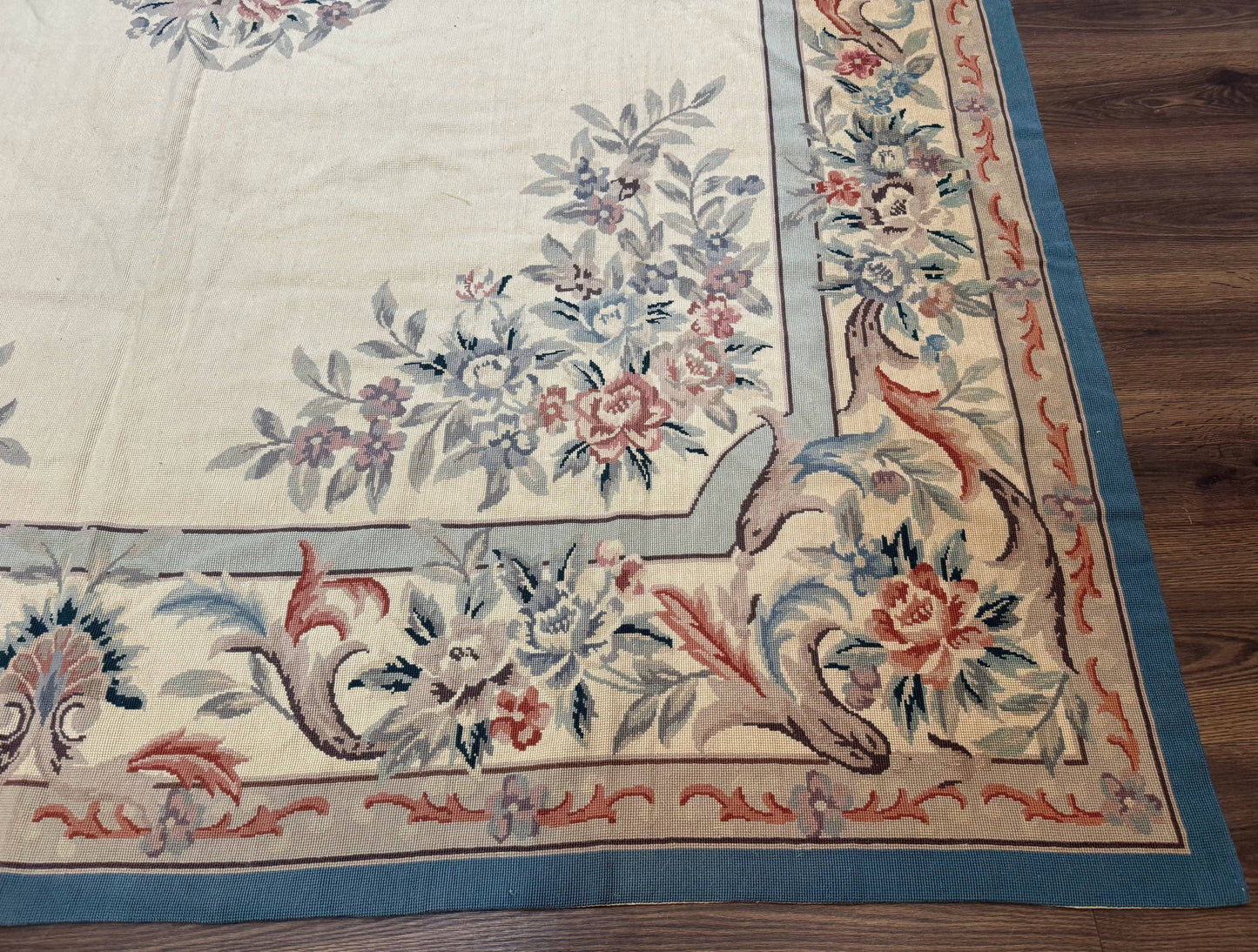 Ivory Needlepoint Rug 8x10, Wool Handmade Carpet