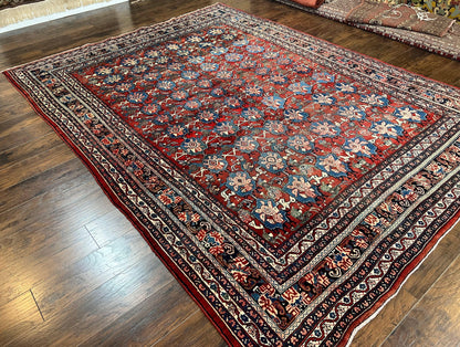 Antique Persian Bijar Rug 9x12 Allover Motif Red Blue Wool Handmade