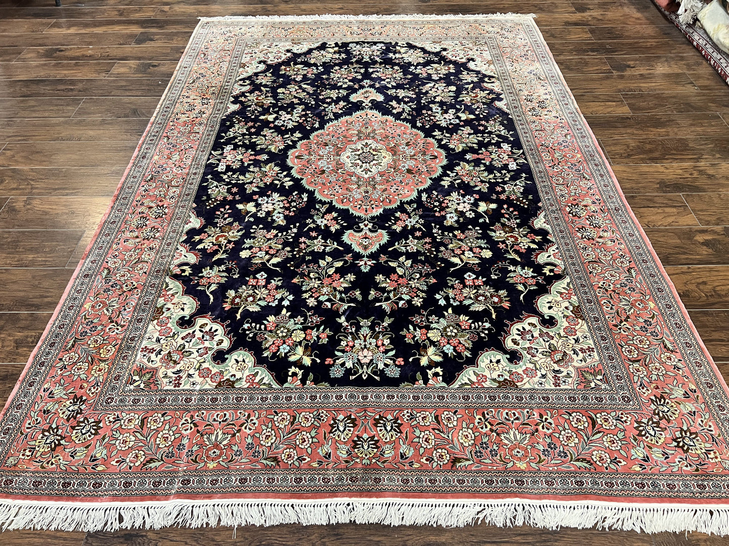 Silk Persian Qum Rug 7x9 Hand Knotted Navy Blue Salmon Floral Medallion Authentic Oriental Carpet