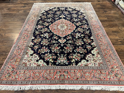 Silk Persian Qum Rug 7x9 Hand Knotted Navy Blue Salmon Floral Medallion Authentic Oriental Carpet