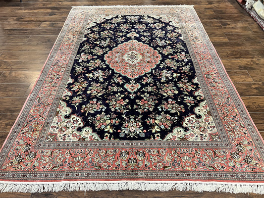 Silk Persian Qum Rug 7x9 Hand Knotted Navy Blue Salmon Floral Medallion Authentic Oriental Carpet