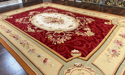 Large Aubusson Rug 10x14, Wool Handmade Vintage Carpet, Dark Red Ivory Tan, French European Elegant Aubusson Weave Rug
