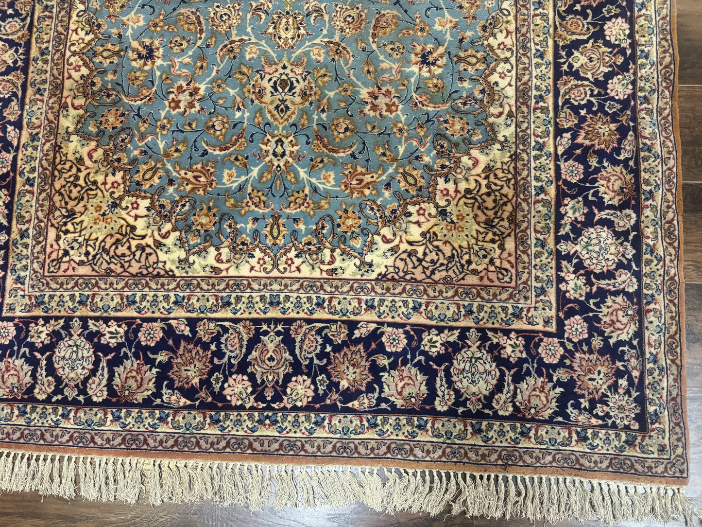 Light Blue Persian Isfahan Rug 5x8, Floral Medallion, Wool on Silk Foundation, Very Fine 530 KPSI, Handmade Carpet