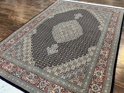 Persian Tabriz Rug 5x7, Wool with Silk Highlights, Hand Knotted Vintage Oriental Carpet, Very Fine, Herati Mahi Pattern, Black, Rare