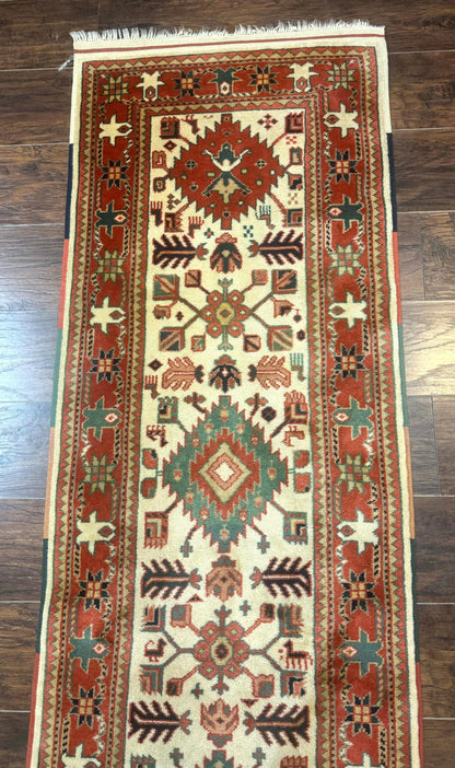 Turkish Runner Rug 2.4 By 8 Feet Kazak Geometric Heriz Pattern Beige And Red Hand Knotted Wool