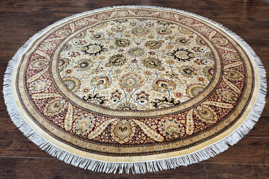 Round Pak Persian Rug 8x8, Vintage Handmade Wool Traditional Carpet, Beige Dark Red, Fine 270 KPSI