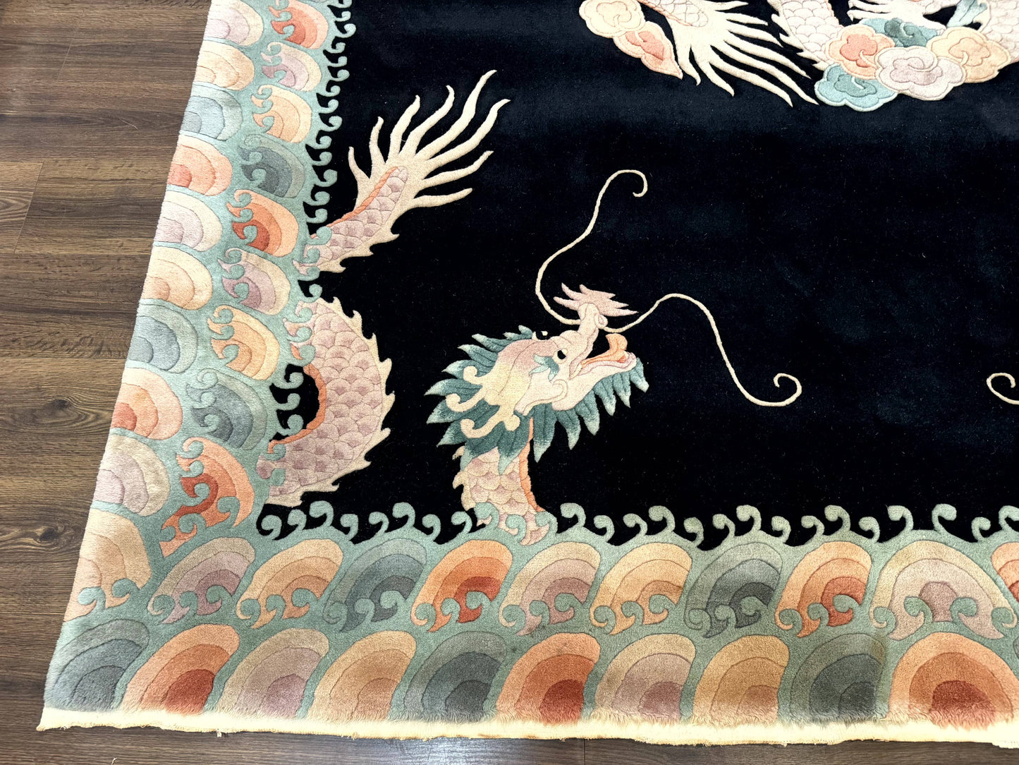 Black Chinese Wool Rug 8x10 Hand Knotted Dragons With Rainbow Borders