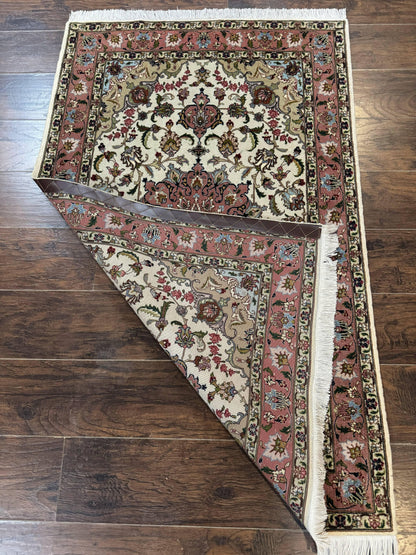 Fine Persian Tabriz Rug 3x5, Floral Medallion, 340 KPSI, Ivory Salmon